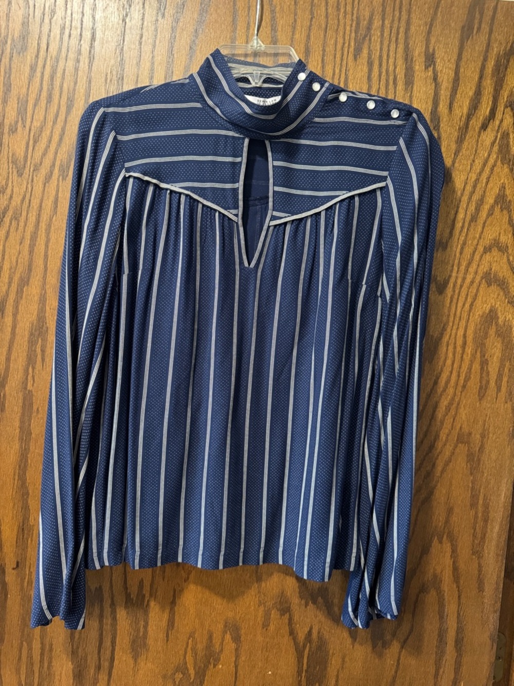 10 Crosby Derek Lam Navy and White Striped Mock Neck Top with Keyhole